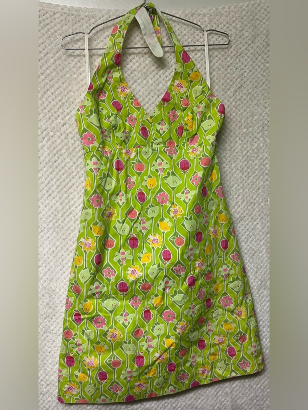 Lilly Pulitzer Vintage Halter Dress Green Floral Ladybugs 100% Cotton V-neck 8